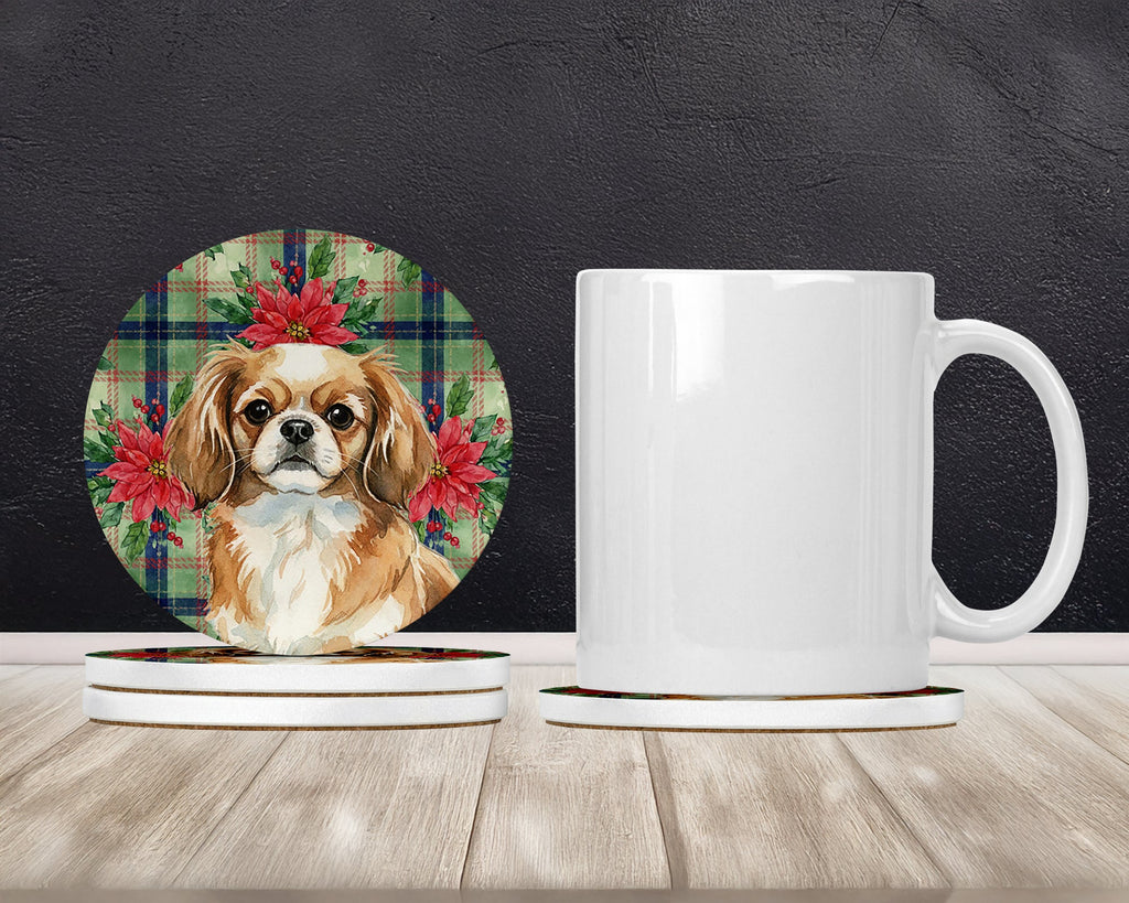 Tibetan Spaniel Christmas PoinsettIas Large Sandstone Coasters Pack of 4 Absorbent Round Coasters Decor Gifts for Men or Women, 4 in, Multicolor