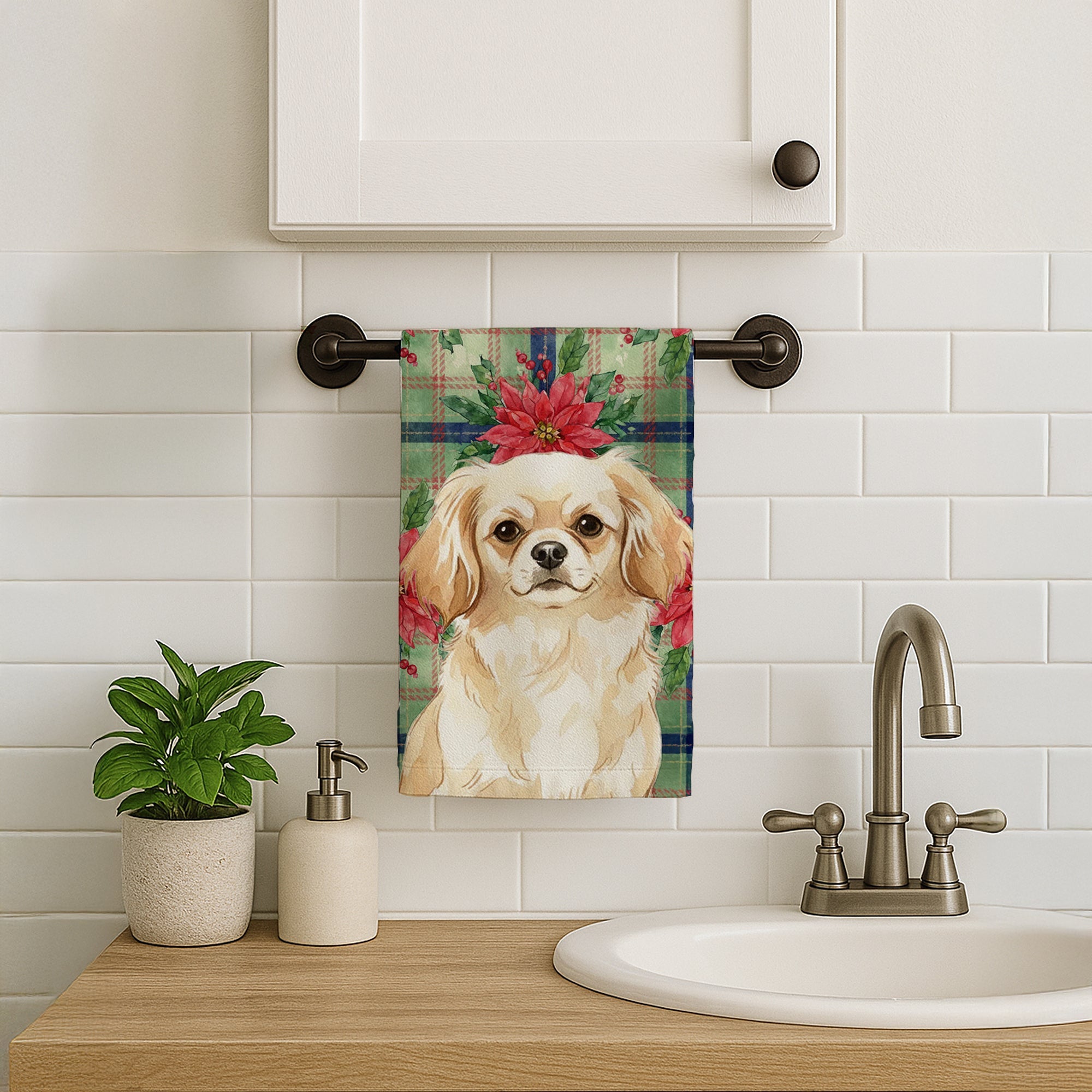 Cream Tibetan Spaniel Christmas PoinsettIas Kitchen Towel Velour Plush Front and Cotton Loop Back Machine Washable