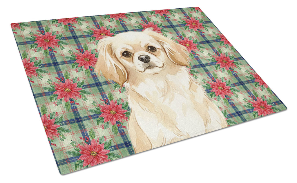 Cream Tibetan Spaniel Christmas PoinsettIas Cutting Board Tempered Glass Kitchen Cutting Surface, Heat Resistant Chopping, Non-Slip Feet, Food Prep & Serving