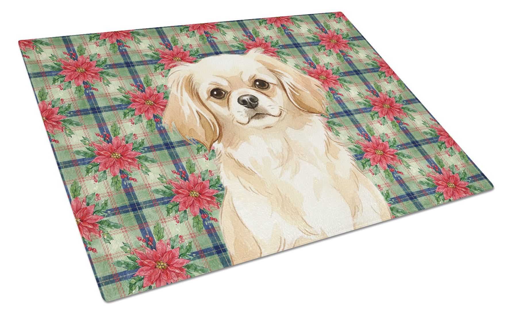 Cream Tibetan Spaniel Christmas PoinsettIas Cutting Board Tempered Glass Kitchen Cutting Surface, Heat Resistant Chopping, Non-Slip Feet, Food Prep & Serving