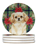 Cream Tibetan Spaniel Christmas PoinsettIas Large Sandstone Coasters Pack of 4 Absorbent Round Coasters Decor Gifts for Men or Women, 4 in, Multicolor