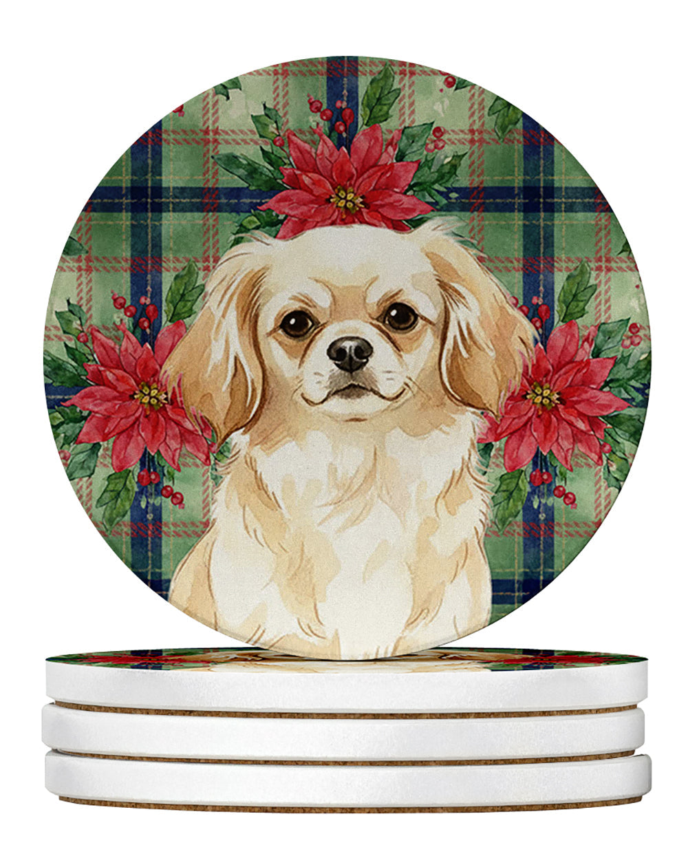 Cream Tibetan Spaniel Christmas PoinsettIas Large Sandstone Coasters Pack of 4 Absorbent Round Coasters Decor Gifts for Men or Women, 4 in, Multicolor