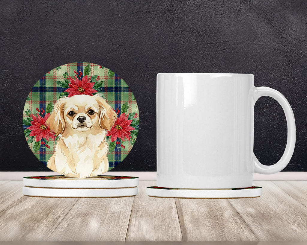 Cream Tibetan Spaniel Christmas PoinsettIas Large Sandstone Coasters Pack of 4 Absorbent Round Coasters Decor Gifts for Men or Women, 4 in, Multicolor
