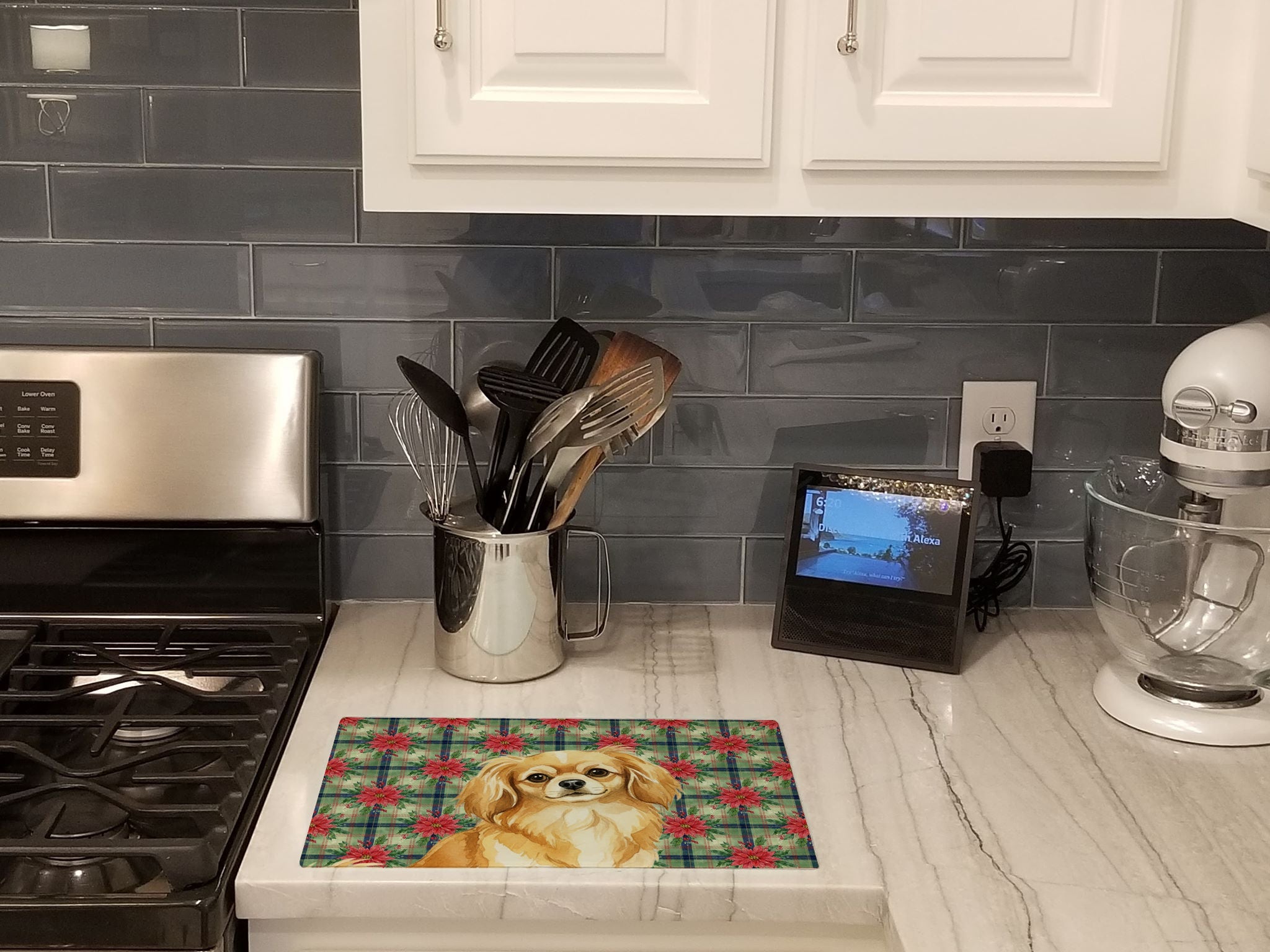 Gold Tibetan Spaniel Christmas PoinsettIas Cutting Board Tempered Glass Kitchen Cutting Surface, Heat Resistant Chopping, Non-Slip Feet, Food Prep & Serving