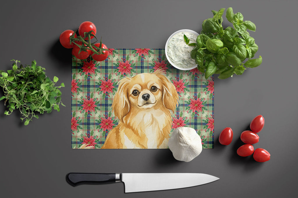 Gold Tibetan Spaniel Christmas PoinsettIas Cutting Board Tempered Glass Kitchen Cutting Surface, Heat Resistant Chopping, Non-Slip Feet, Food Prep & Serving
