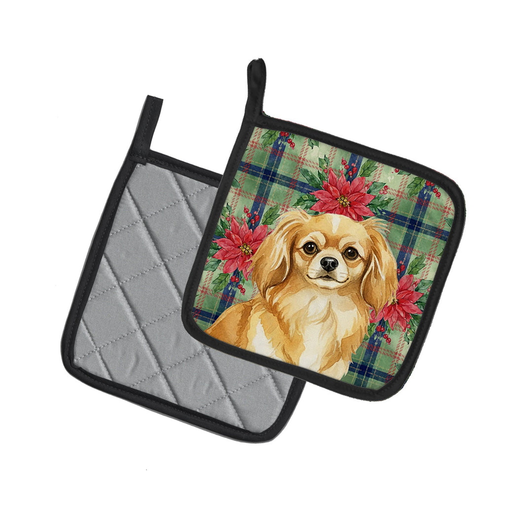 Gold Tibetan Spaniel Christmas PoinsettIas Pot Holder Set of 2 Heat Resistant Quilted Hot Pads 7.5 x 7.5 Inch, Insulated Kitchen Trivets for Cooking & Baking