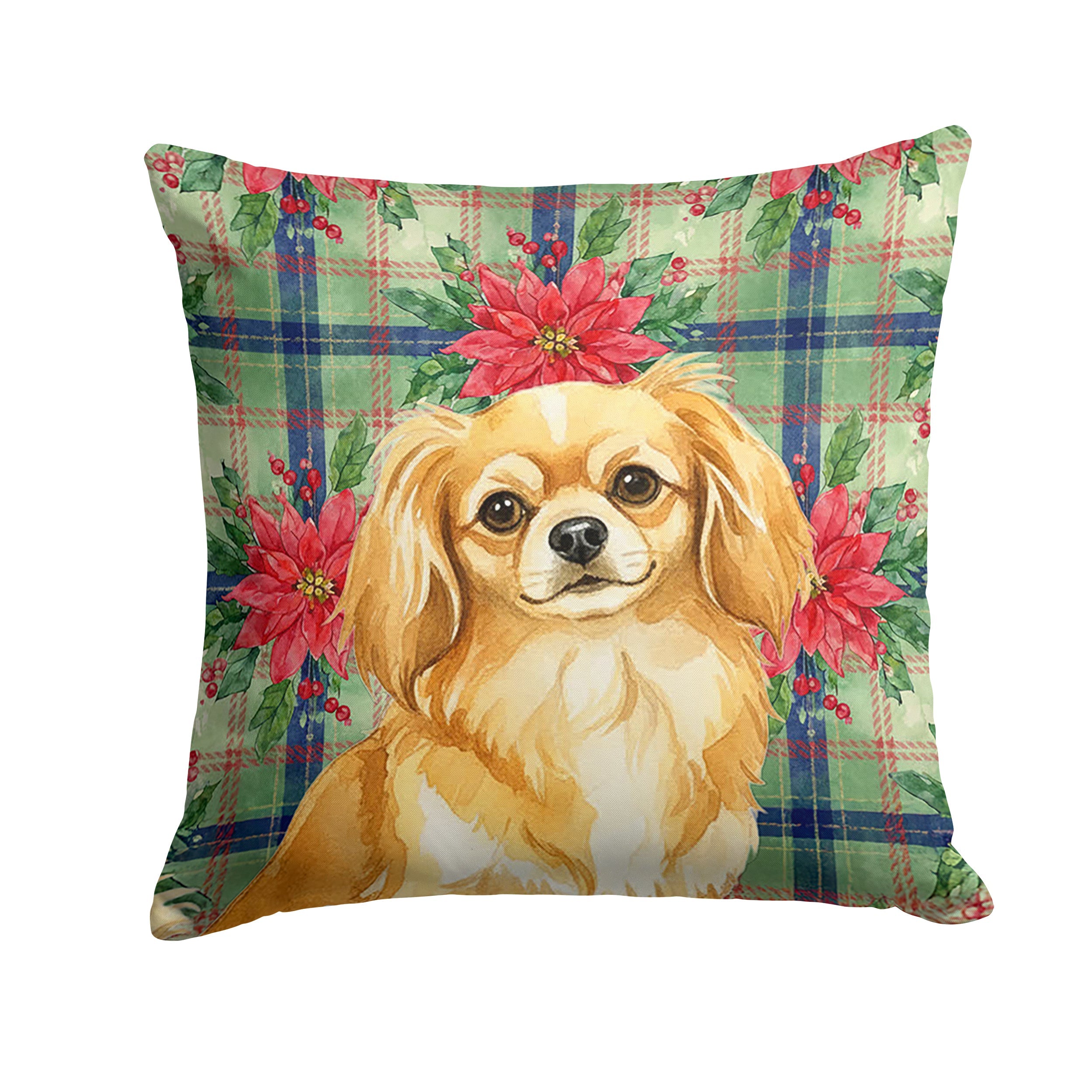 Gold Tibetan Spaniel Christmas PoinsettIas Decorative Throw Pillow 14x14 Indoor Outdoor Accent Cushion, Fabric Cover with Insert for Sofa, Bed, Porch & Living Room