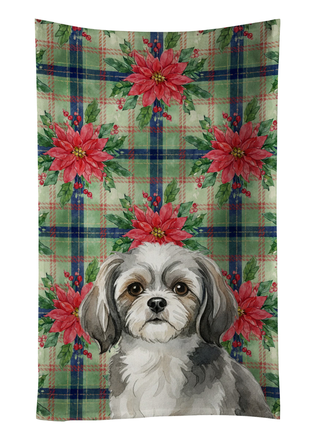 Grey and White Tibetan Spaniel Christmas PoinsettIas Kitchen Towel Velour Plush Front and Cotton Loop Back Machine Washable