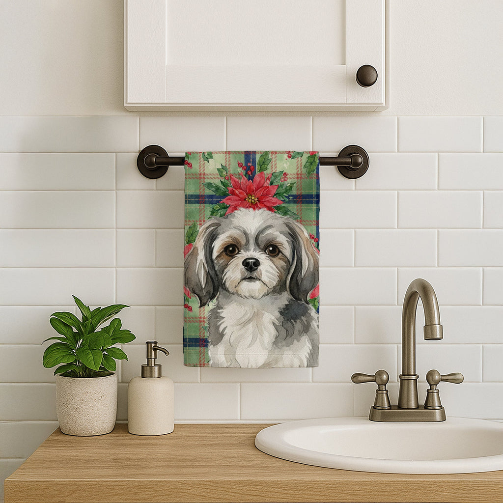Grey and White Tibetan Spaniel Christmas PoinsettIas Kitchen Towel Velour Plush Front and Cotton Loop Back Machine Washable