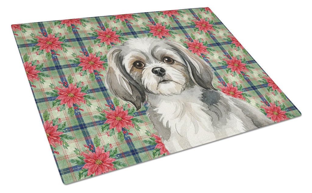 Grey and White Tibetan Spaniel Christmas PoinsettIas Cutting Board Tempered Glass Kitchen Cutting Surface, Heat Resistant Chopping, Non-Slip Feet, Food Prep & Serving