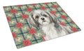 Grey and White Tibetan Spaniel Christmas PoinsettIas Cutting Board Tempered Glass Kitchen Cutting Surface, Heat Resistant Chopping, Non-Slip Feet, Food Prep & Serving