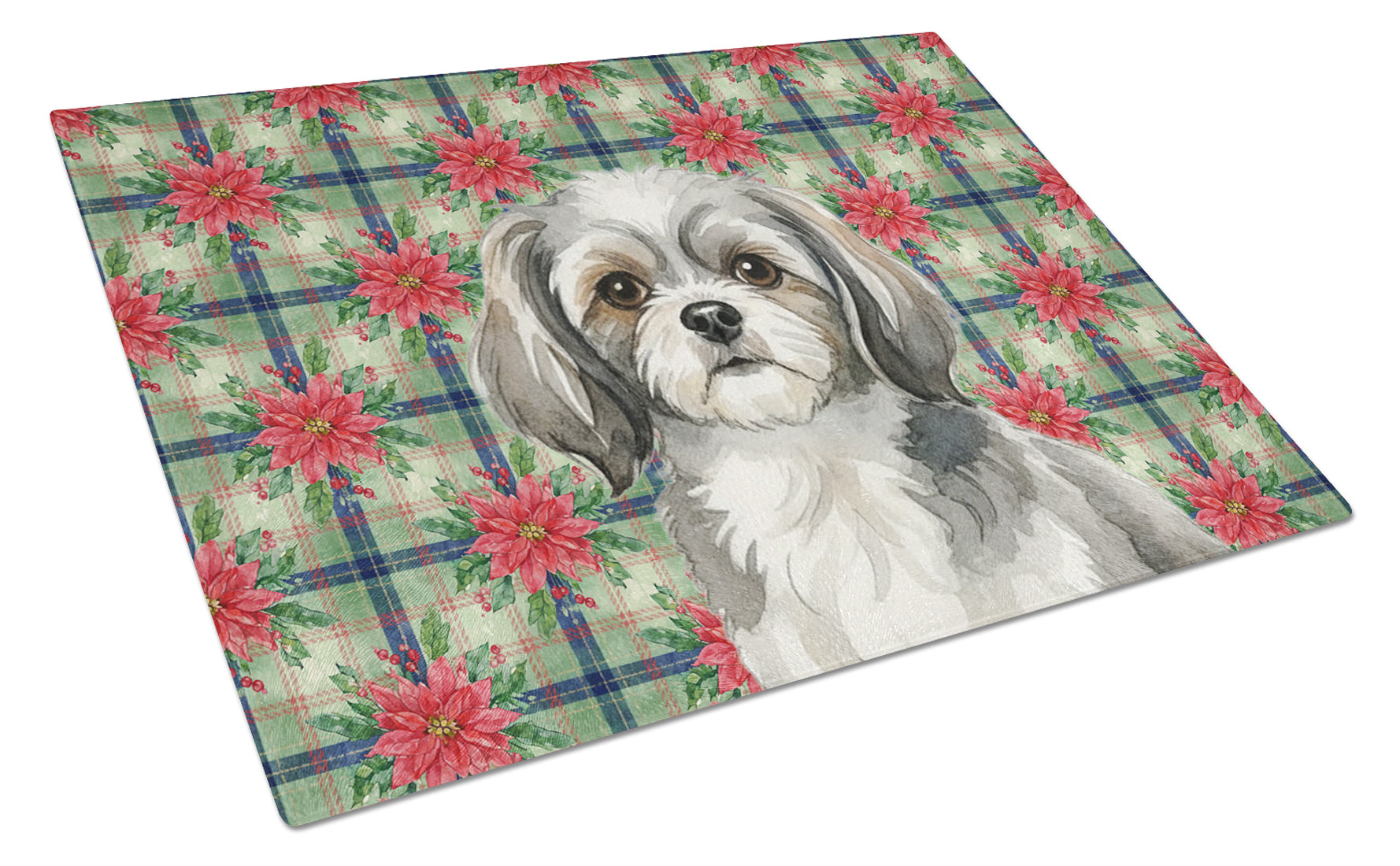 Grey and White Tibetan Spaniel Christmas PoinsettIas Cutting Board Tempered Glass Kitchen Cutting Surface, Heat Resistant Chopping, Non-Slip Feet, Food Prep & Serving