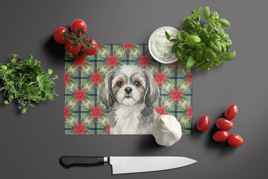 Grey and White Tibetan Spaniel Christmas PoinsettIas Cutting Board Tempered Glass Kitchen Cutting Surface, Heat Resistant Chopping, Non-Slip Feet, Food Prep & Serving
