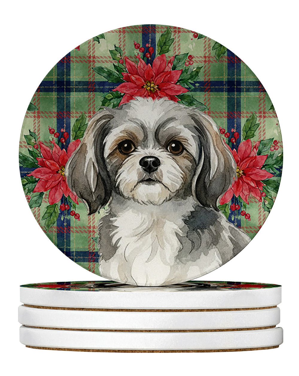 Grey and White Tibetan Spaniel Christmas PoinsettIas Large Sandstone Coasters Pack of 4 Absorbent Round Coasters Decor Gifts for Men or Women, 4 in, Multicolor