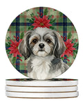 Grey and White Tibetan Spaniel Christmas PoinsettIas Large Sandstone Coasters Pack of 4 Absorbent Round Coasters Decor Gifts for Men or Women, 4 in, Multicolor