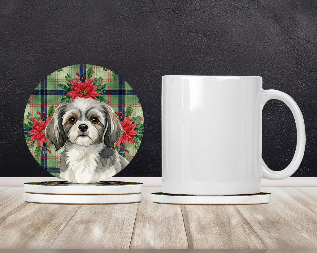 Grey and White Tibetan Spaniel Christmas PoinsettIas Large Sandstone Coasters Pack of 4 Absorbent Round Coasters Decor Gifts for Men or Women, 4 in, Multicolor