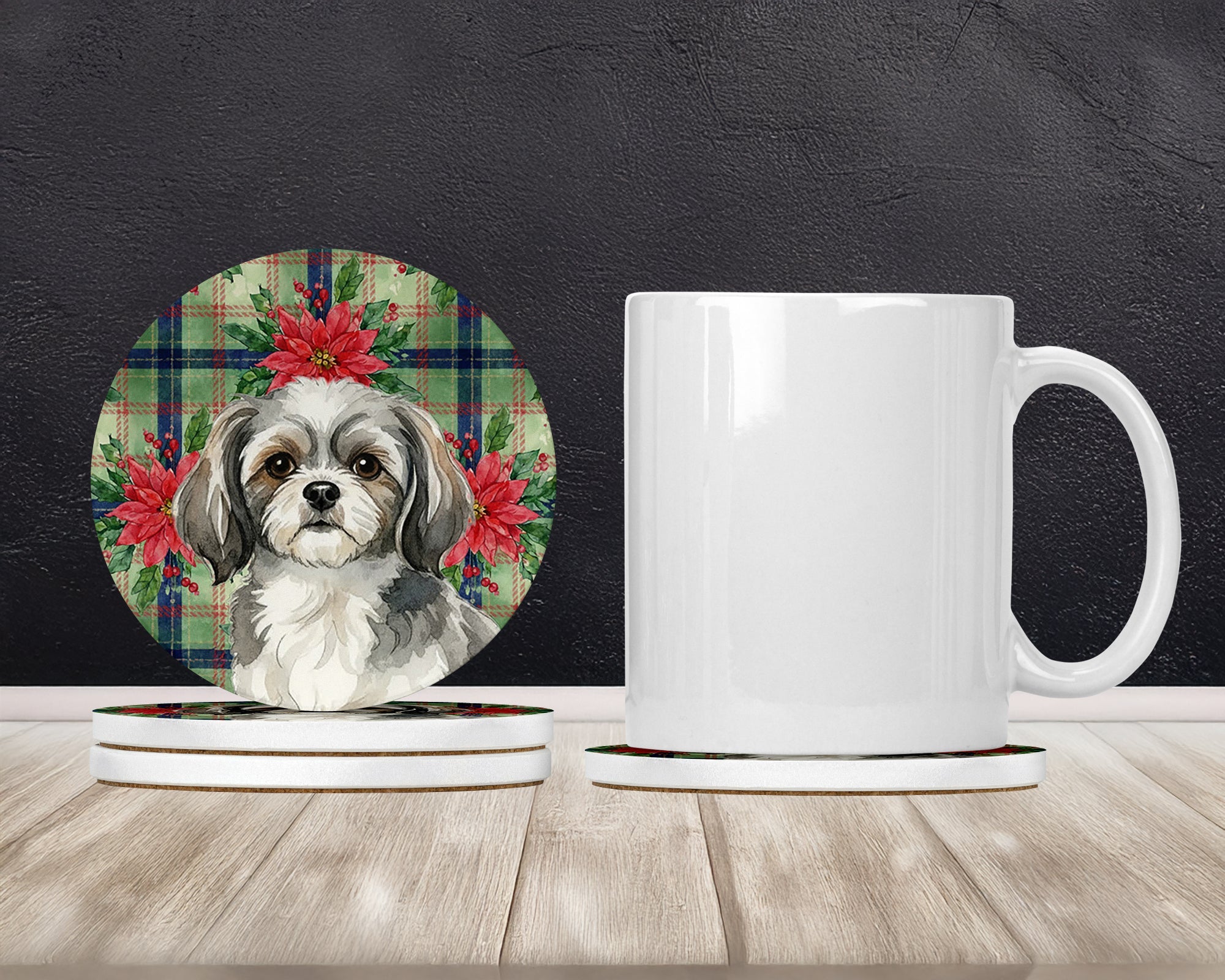 Grey and White Tibetan Spaniel Christmas PoinsettIas Large Sandstone Coasters Pack of 4 Absorbent Round Coasters Decor Gifts for Men or Women, 4 in, Multicolor