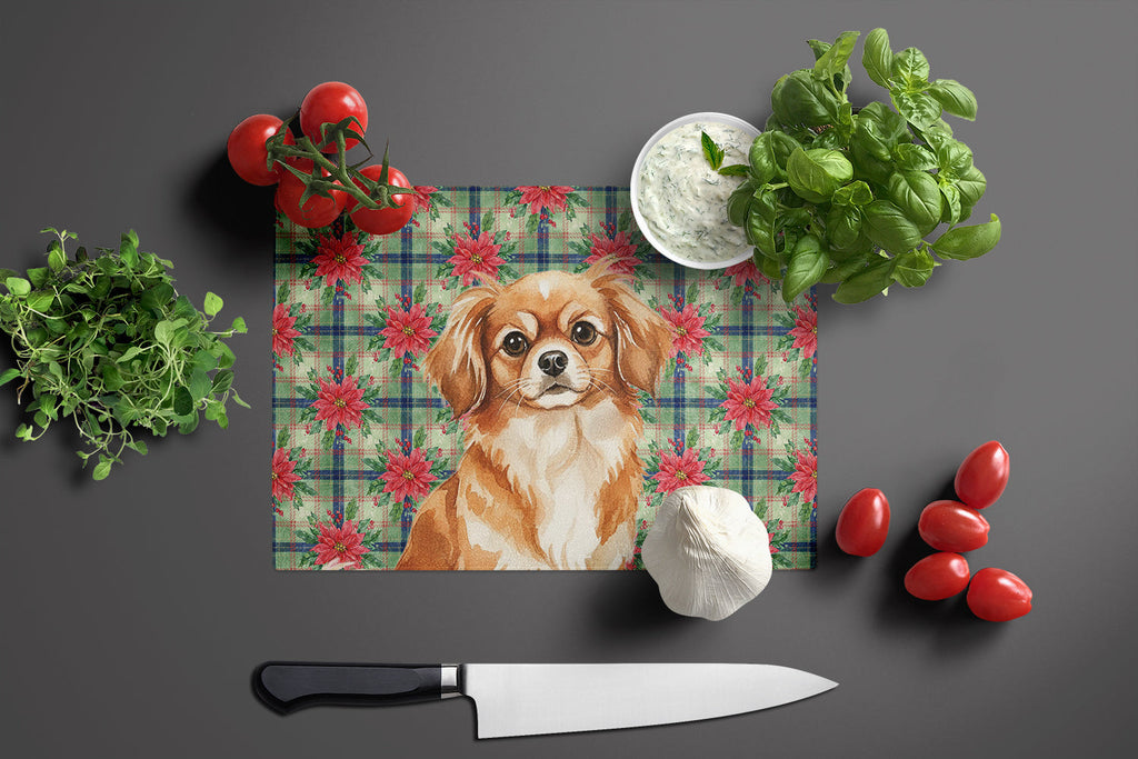 Red Tibetan Spaniel Christmas PoinsettIas Cutting Board Tempered Glass Kitchen Cutting Surface, Heat Resistant Chopping, Non-Slip Feet, Food Prep & Serving