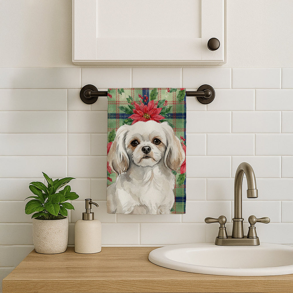 White Tibetan Spaniel Christmas PoinsettIas Kitchen Towel Velour Plush Front and Cotton Loop Back Machine Washable
