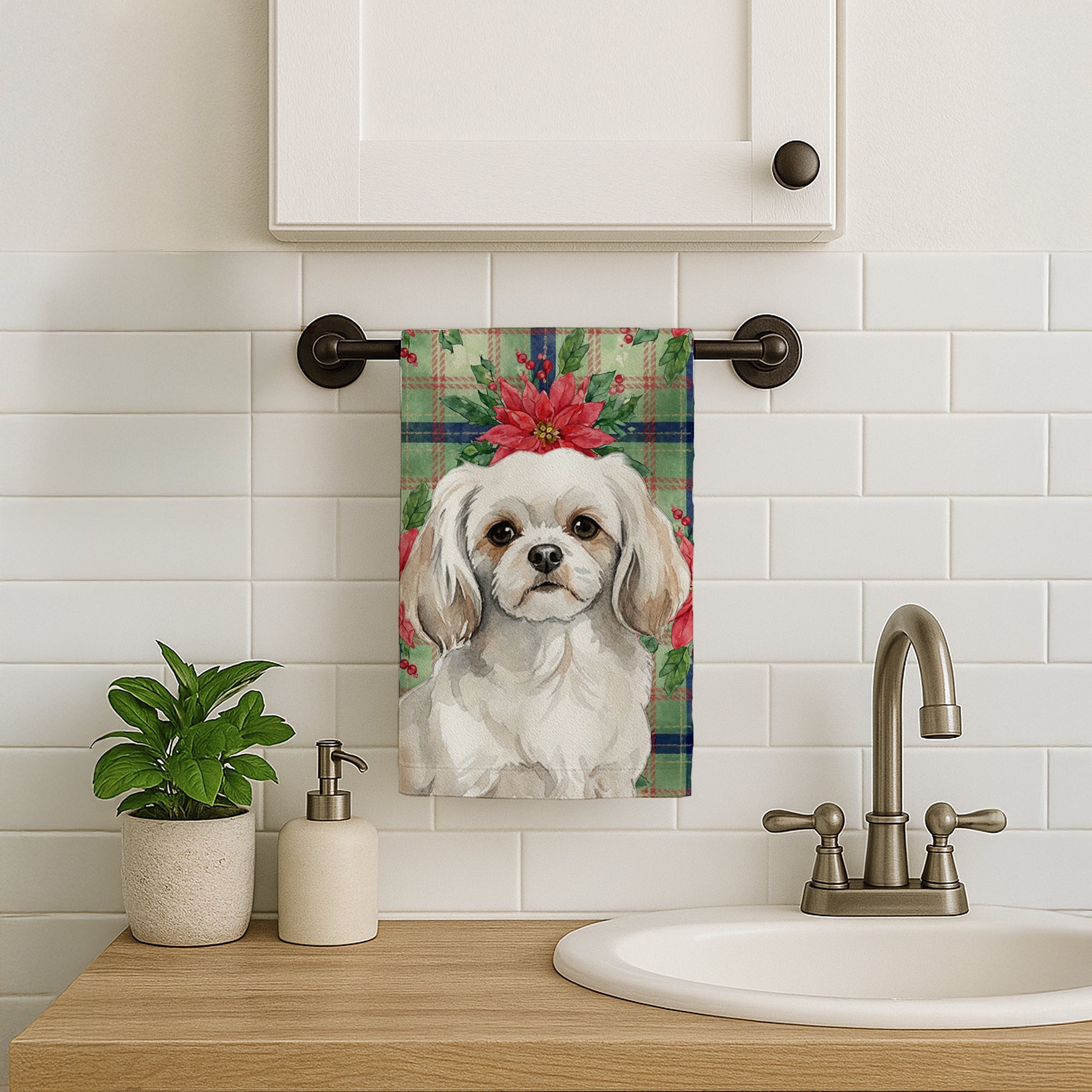 White Tibetan Spaniel Christmas PoinsettIas Kitchen Towel Velour Plush Front and Cotton Loop Back Machine Washable
