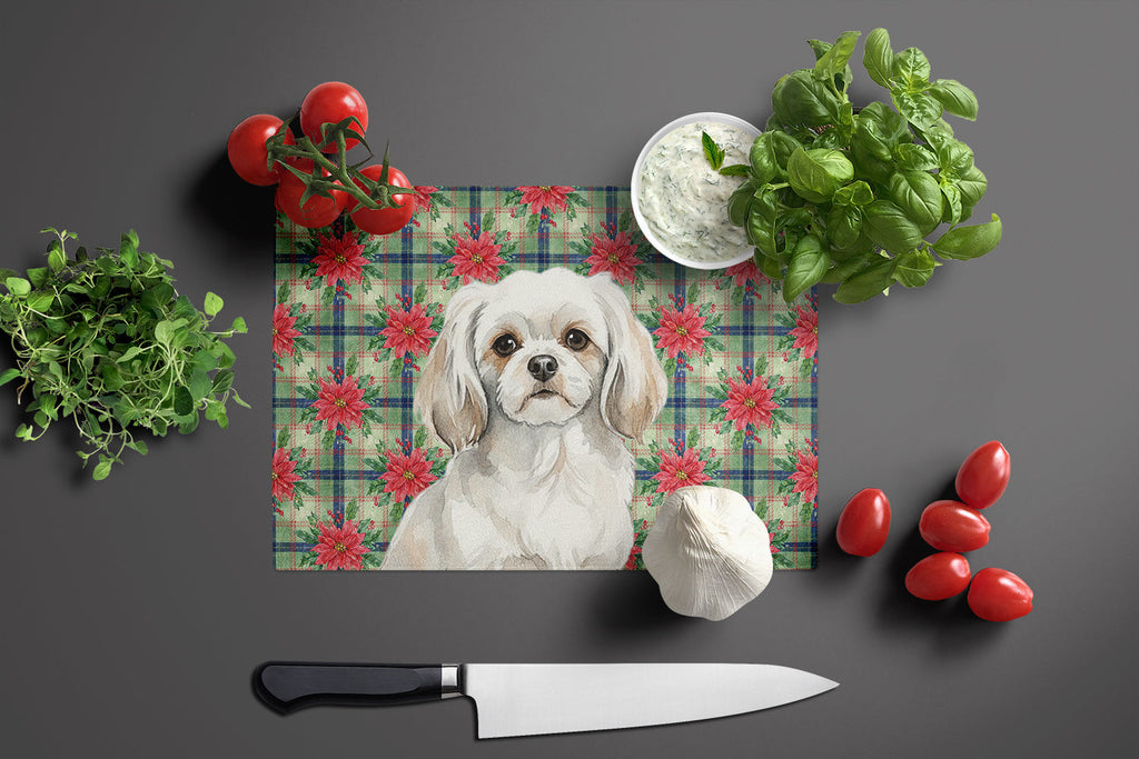 White Tibetan Spaniel Christmas PoinsettIas Cutting Board Tempered Glass Kitchen Cutting Surface, Heat Resistant Chopping, Non-Slip Feet, Food Prep & Serving