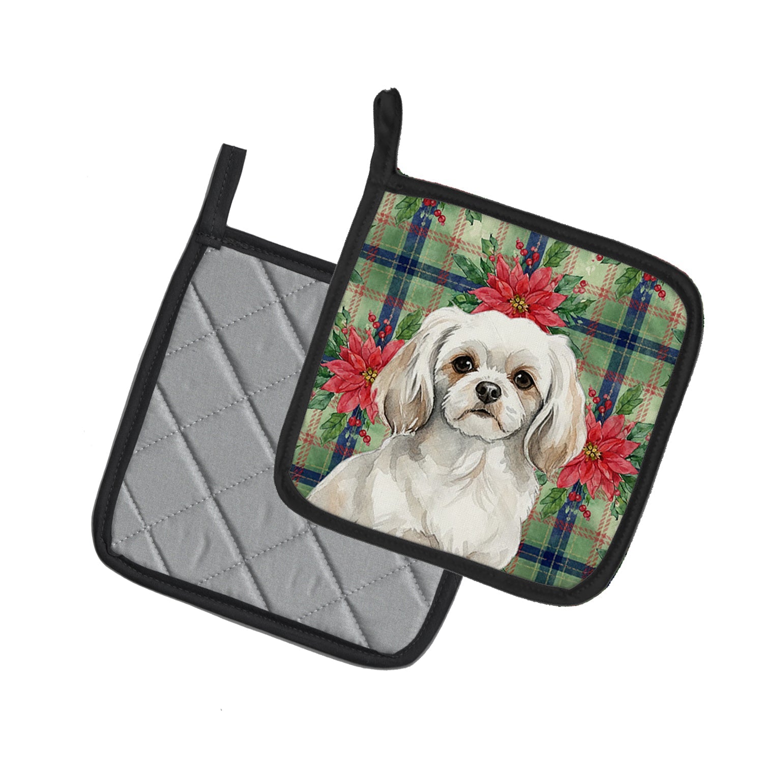 White Tibetan Spaniel Christmas PoinsettIas Pot Holder Set of 2 Heat Resistant Quilted Hot Pads 7.5 x 7.5 Inch, Insulated Kitchen Trivets for Cooking & Baking