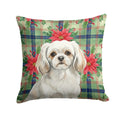 White Tibetan Spaniel Christmas PoinsettIas Decorative Throw Pillow 14x14 Indoor Outdoor Accent Cushion, Fabric Cover with Insert for Sofa, Bed, Porch & Living Room