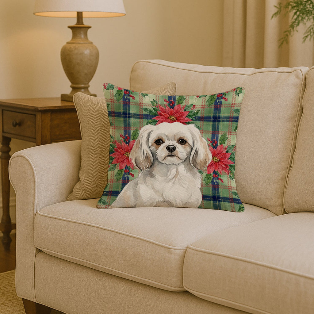 White Tibetan Spaniel Christmas PoinsettIas Decorative Throw Pillow 14x14 Indoor Outdoor Accent Cushion, Fabric Cover with Insert for Sofa, Bed, Porch & Living Room