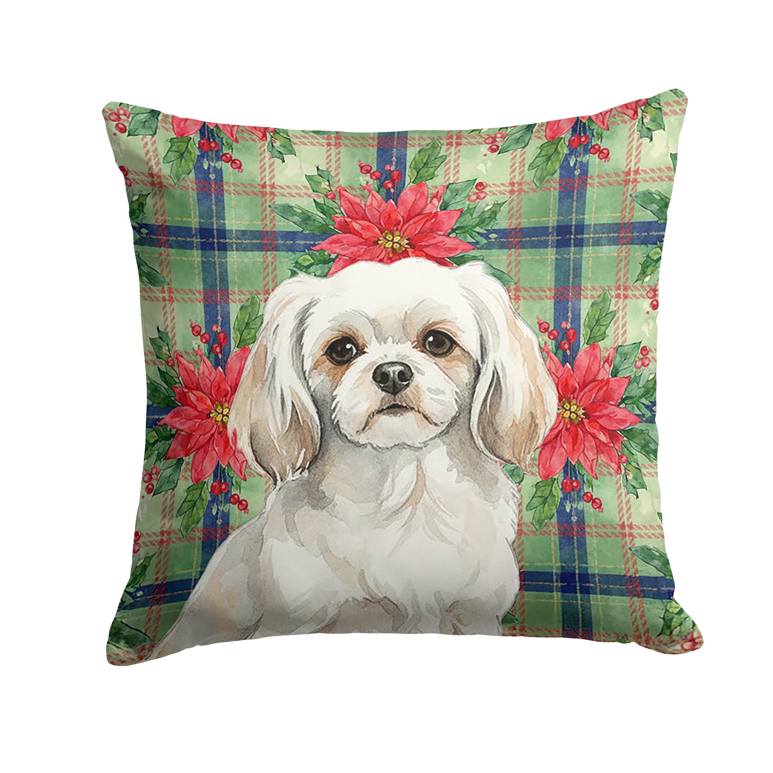 White Tibetan Spaniel Christmas PoinsettIas Decorative Throw Pillow 18x18 Indoor Outdoor Accent Cushion, Fabric Cover with Insert for Sofa, Bed, Porch & Living Room
