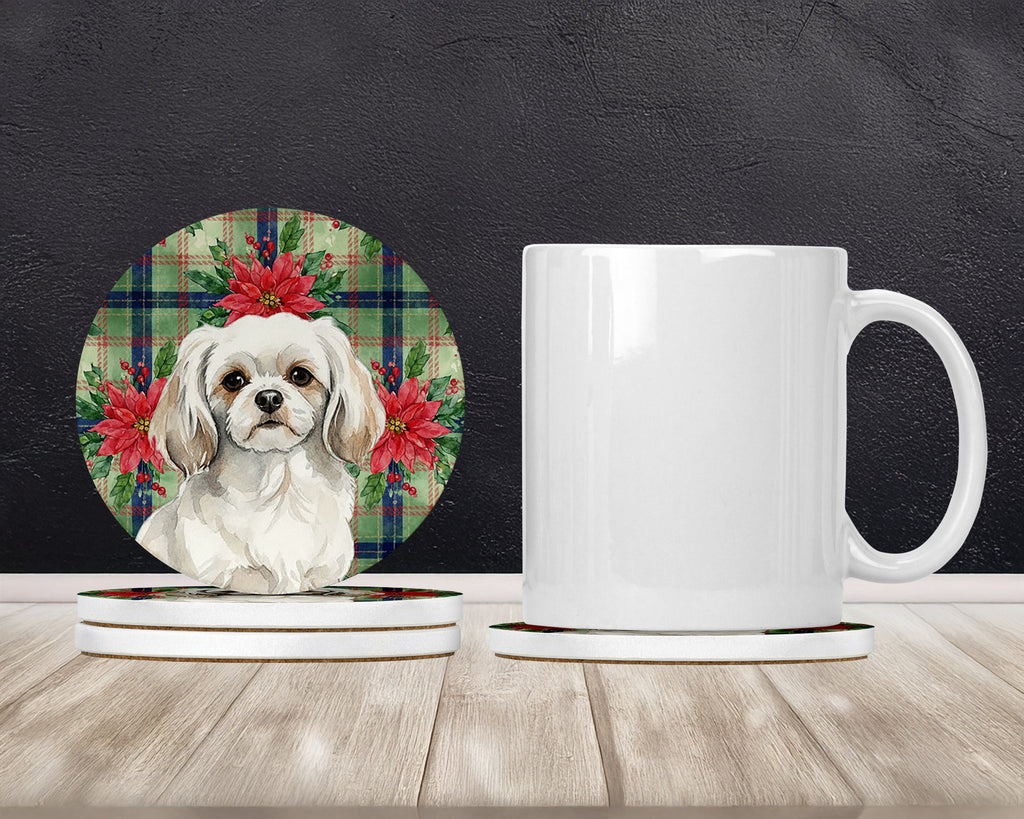 White Tibetan Spaniel Christmas PoinsettIas Large Sandstone Coasters Pack of 4 Absorbent Round Coasters Decor Gifts for Men or Women, 4 in, Multicolor