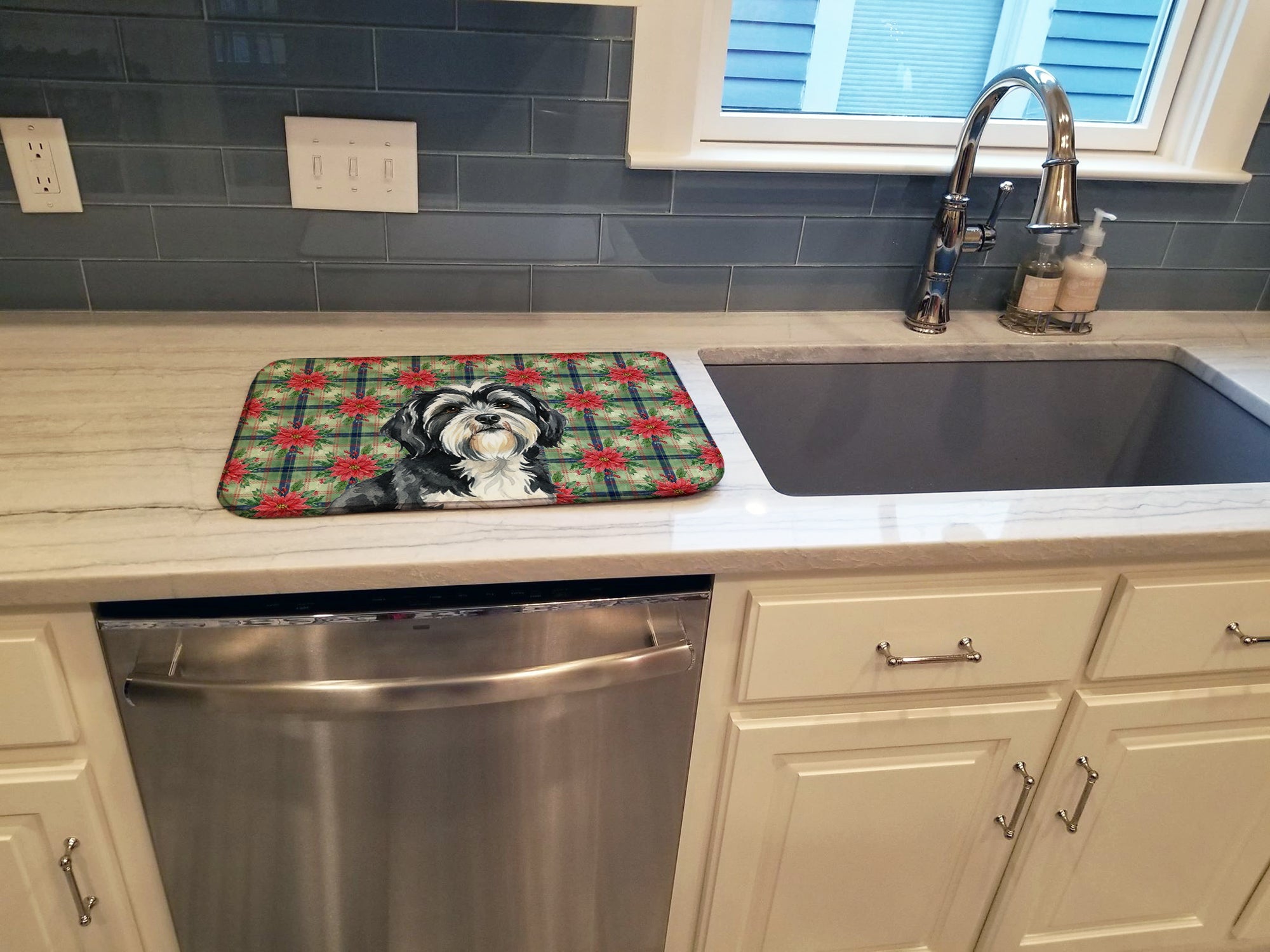 Black and White Tibetan Terrier Christmas PoinsettIas Dish Drying Mat Absorbent Dish Drying Mat Pad for Kitchen Counter Dish Drainer Mat for Countertop, 14 x 21", Multicolor