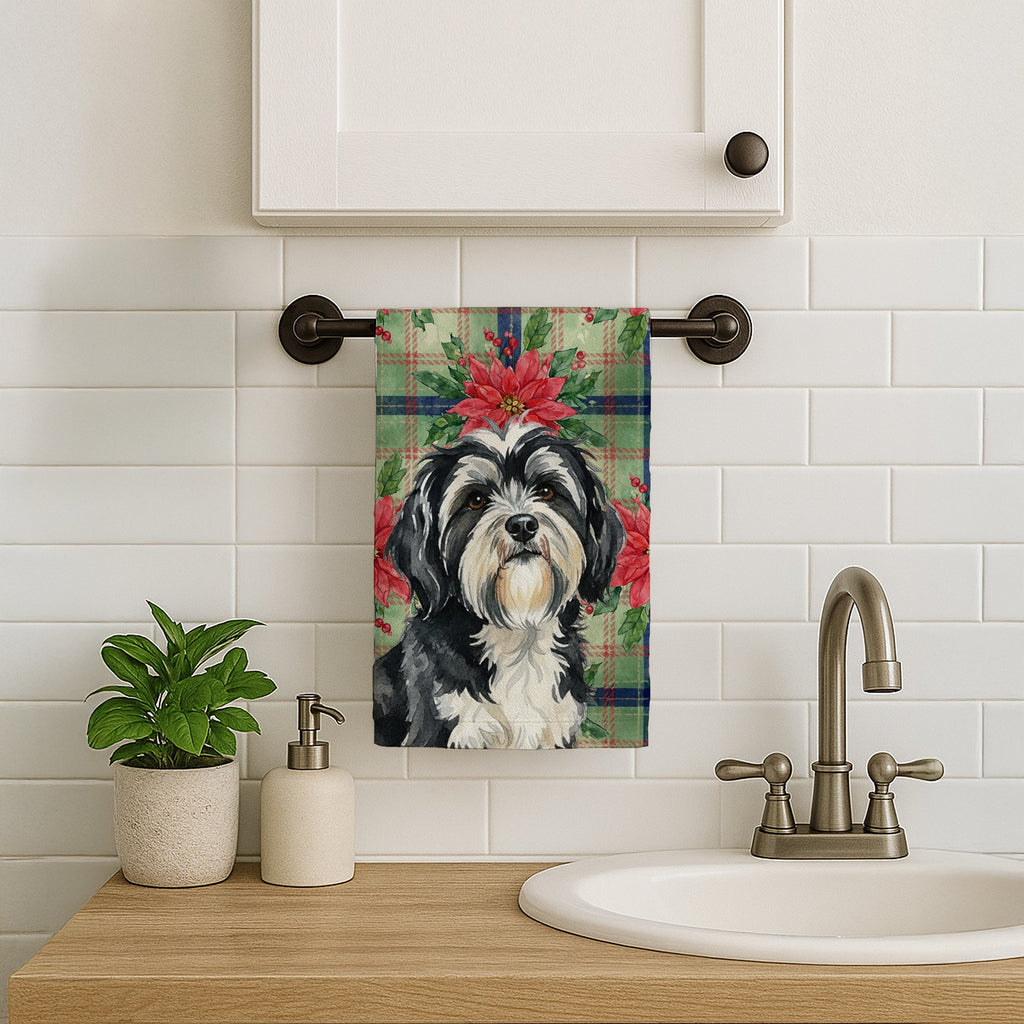 Black and White Tibetan Terrier Christmas PoinsettIas Kitchen Towel Velour Plush Front and Cotton Loop Back Machine Washable