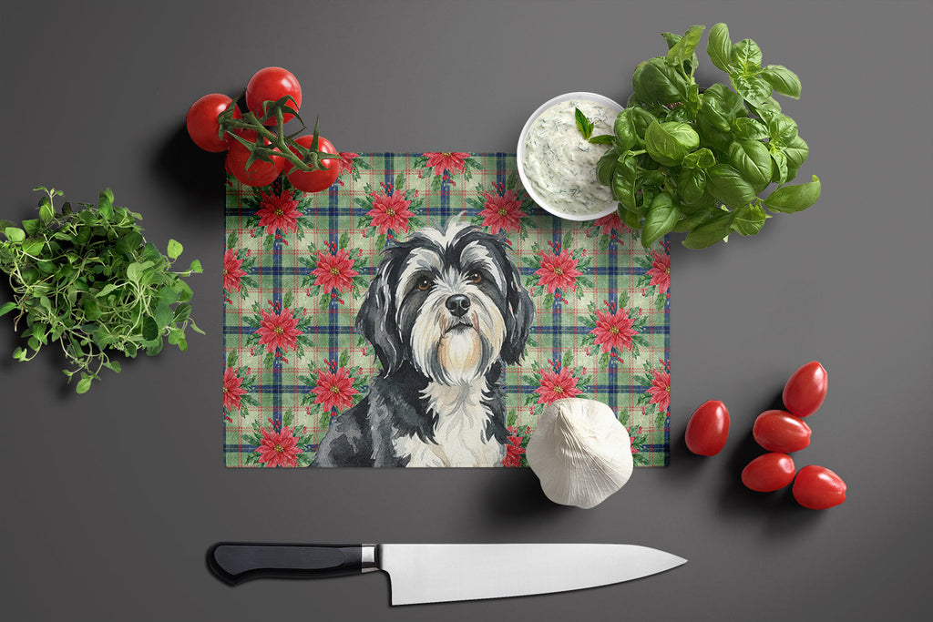 Black and White Tibetan Terrier Christmas PoinsettIas Cutting Board Tempered Glass Kitchen Cutting Surface, Heat Resistant Chopping, Non-Slip Feet, Food Prep & Serving