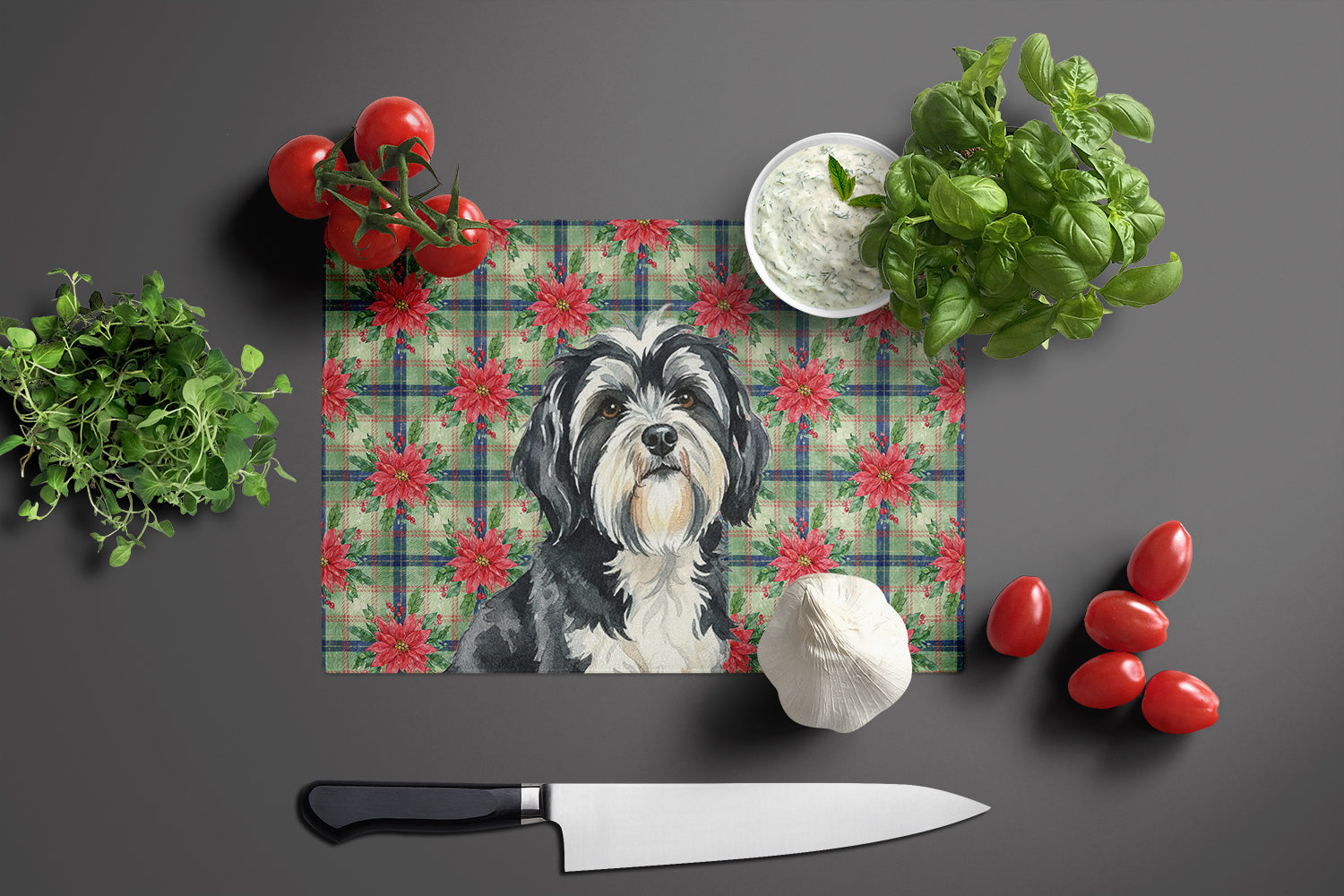 Black and White Tibetan Terrier Christmas PoinsettIas Cutting Board Tempered Glass Kitchen Cutting Surface, Heat Resistant Chopping, Non-Slip Feet, Food Prep & Serving