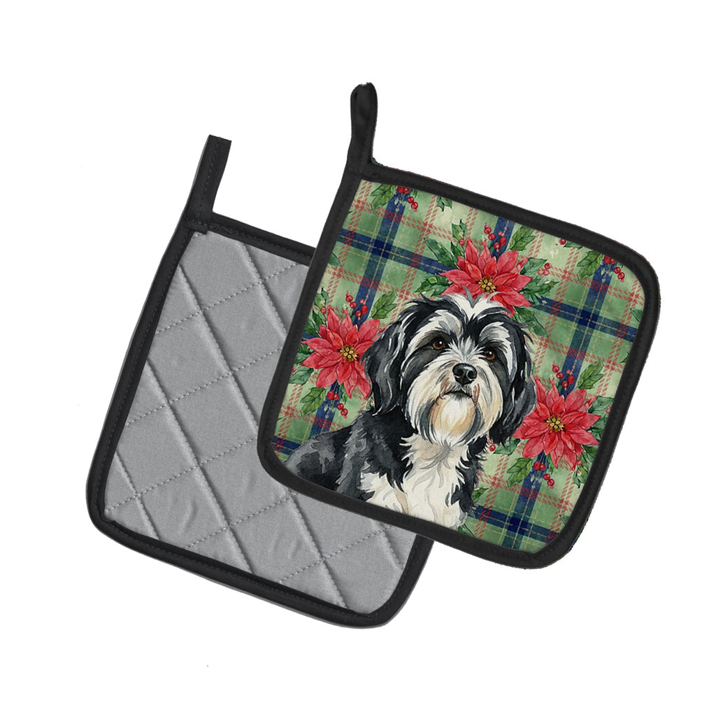 Black and White Tibetan Terrier Christmas PoinsettIas Pot Holder Set of 2 Heat Resistant Quilted Hot Pads 7.5 x 7.5 Inch, Insulated Kitchen Trivets for Cooking & Baking