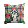 Black and White Tibetan Terrier Christmas PoinsettIas Decorative Throw Pillow 14x14 Indoor Outdoor Accent Cushion, Fabric Cover with Insert for Sofa, Bed, Porch & Living Room