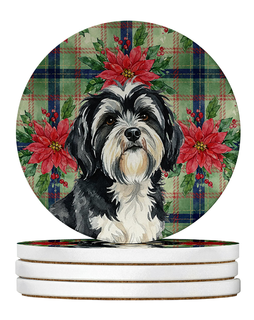 Black and White Tibetan Terrier Christmas PoinsettIas Large Sandstone Coasters Pack of 4 Absorbent Round Coasters Decor Gifts for Men or Women, 4 in, Multicolor