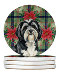 Black and White Tibetan Terrier Christmas PoinsettIas Large Sandstone Coasters Pack of 4 Absorbent Round Coasters Decor Gifts for Men or Women, 4 in, Multicolor