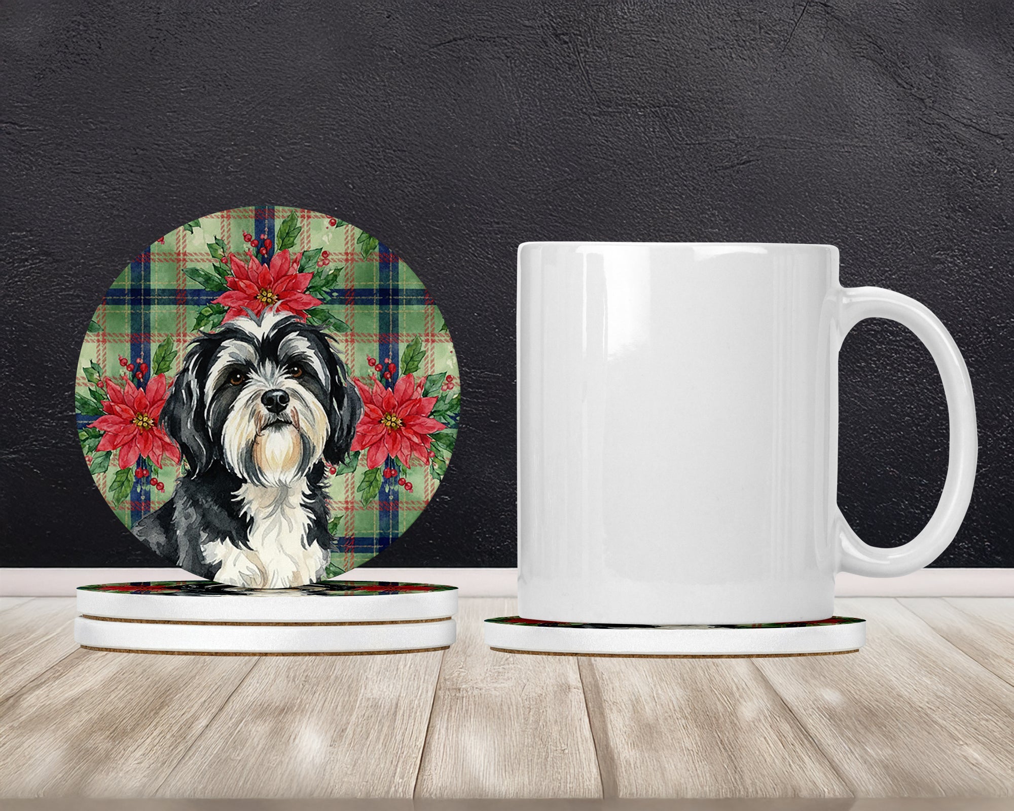 Black and White Tibetan Terrier Christmas PoinsettIas Large Sandstone Coasters Pack of 4 Absorbent Round Coasters Decor Gifts for Men or Women, 4 in, Multicolor