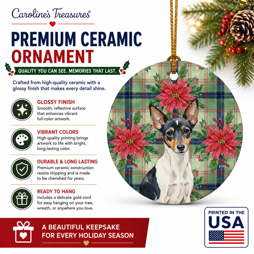 Toy Fox Terrier Christmas PoinsettIas Ceramic Ornament Christmas Tree Hanging Decorations for Home Christmas Holiday, Party, Gift, 3 in, Multicolor