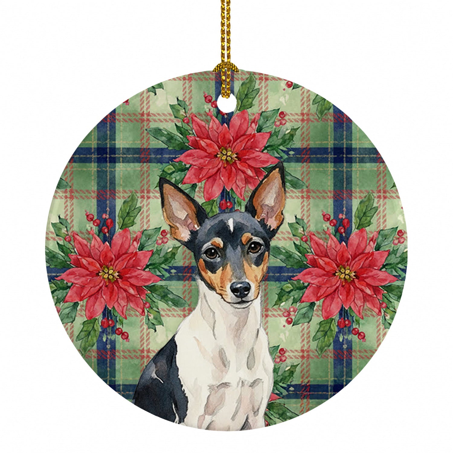 Toy Fox Terrier Christmas PoinsettIas Ceramic Ornament Christmas Tree Hanging Decorations for Home Christmas Holiday, Party, Gift, 3 in, Multicolor
