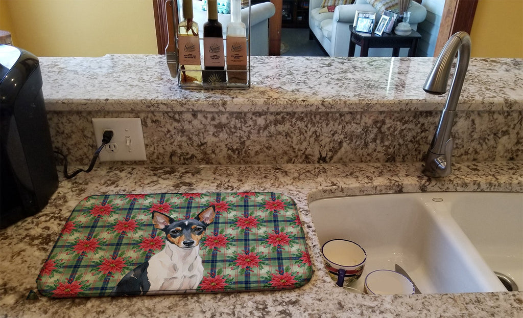 Toy Fox Terrier Christmas PoinsettIas Dish Drying Mat Absorbent Dish Drying Mat Pad for Kitchen Counter Dish Drainer Mat for Countertop, 14 x 21", Multicolor