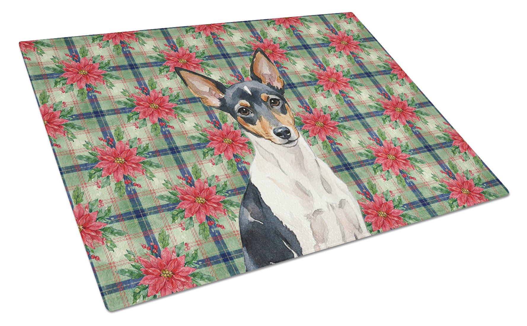 Toy Fox Terrier Christmas PoinsettIas Cutting Board Tempered Glass Kitchen Cutting Surface, Heat Resistant Chopping, Non-Slip Feet, Food Prep & Serving