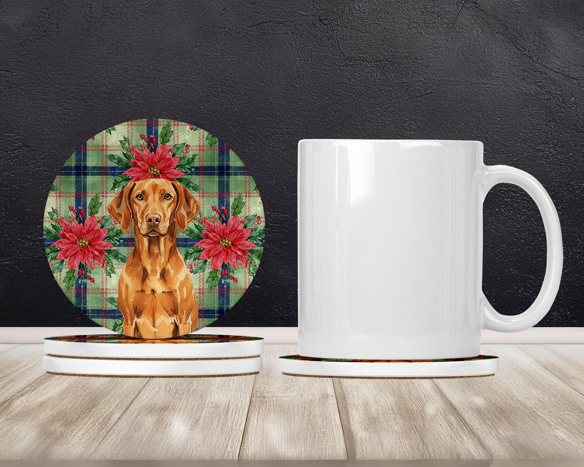 Vizsla Christmas PoinsettIas Large Sandstone Coasters Pack of 4 Absorbent Round Coasters Decor Gifts for Men or Women, 4 in, Multicolor