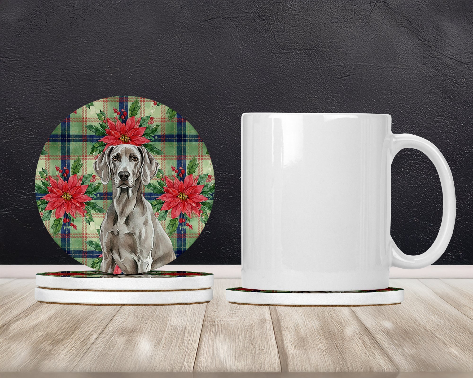 Weimaraner Christmas PoinsettIas Large Sandstone Coasters Pack of 4 Absorbent Round Coasters Decor Gifts for Men or Women, 4 in, Multicolor
