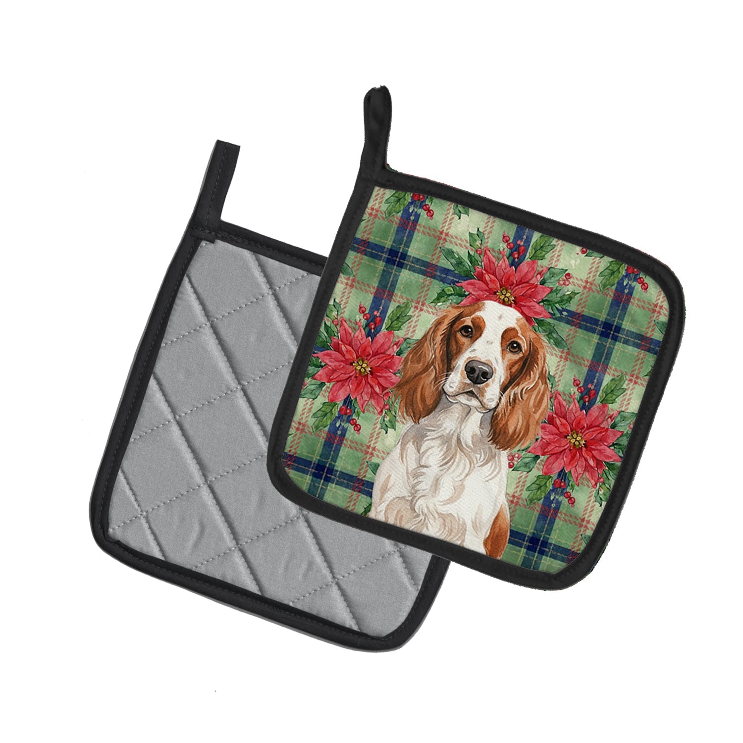 Welsh Springer Spaniel Christmas PoinsettIas Pot Holder Set of 2 Heat Resistant Quilted Hot Pads 7.5 x 7.5 Inch, Insulated Kitchen Trivets for Cooking & Baking