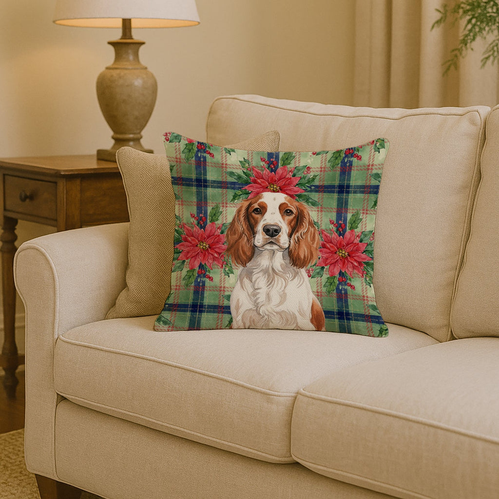 Welsh Springer Spaniel Christmas PoinsettIas Decorative Throw Pillow 14x14 Indoor Outdoor Accent Cushion, Fabric Cover with Insert for Sofa, Bed, Porch & Living Room