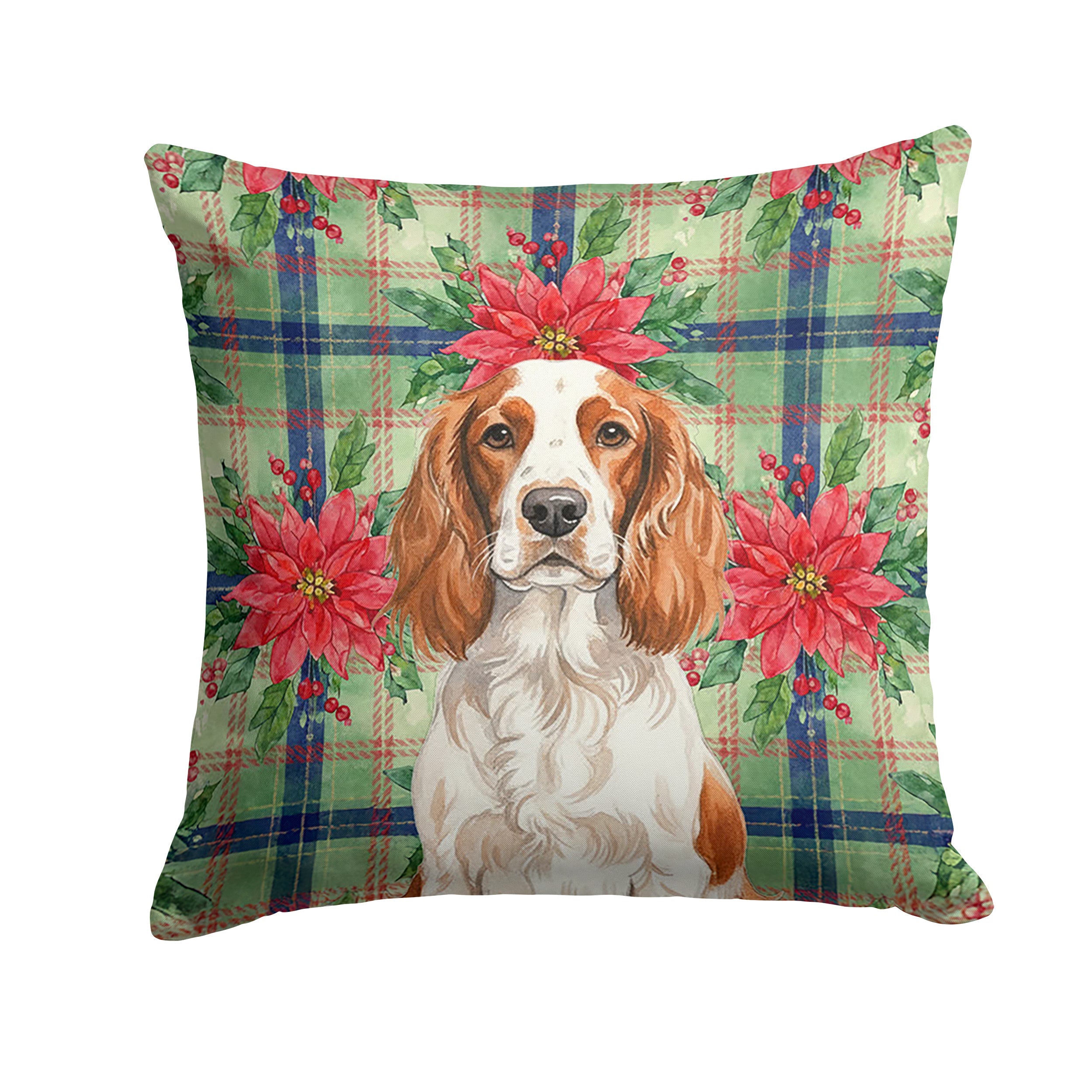 Welsh Springer Spaniel Christmas PoinsettIas Decorative Throw Pillow 18x18 Indoor Outdoor Accent Cushion, Fabric Cover with Insert for Sofa, Bed, Porch & Living Room
