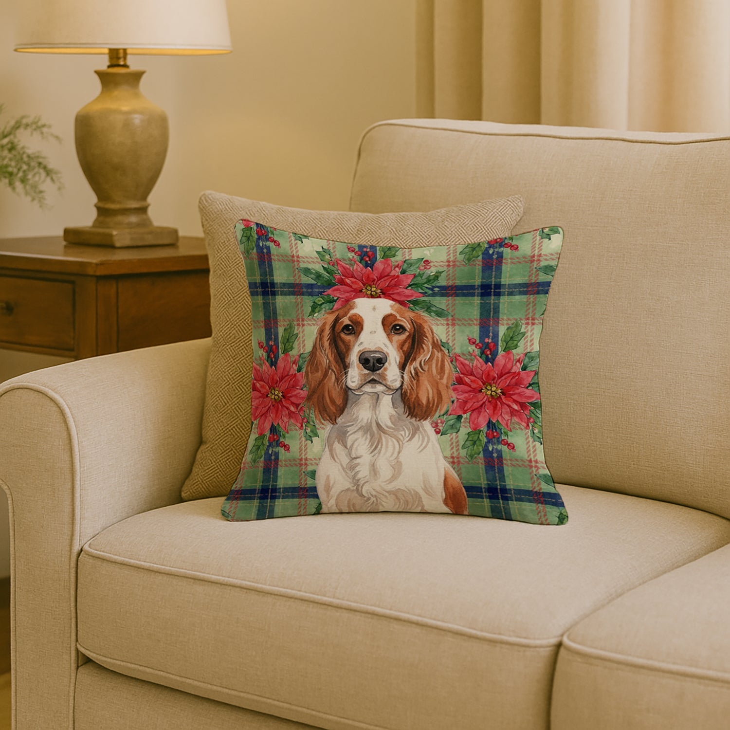 Welsh Springer Spaniel Christmas PoinsettIas Decorative Throw Pillow 18x18 Indoor Outdoor Accent Cushion, Fabric Cover with Insert for Sofa, Bed, Porch & Living Room