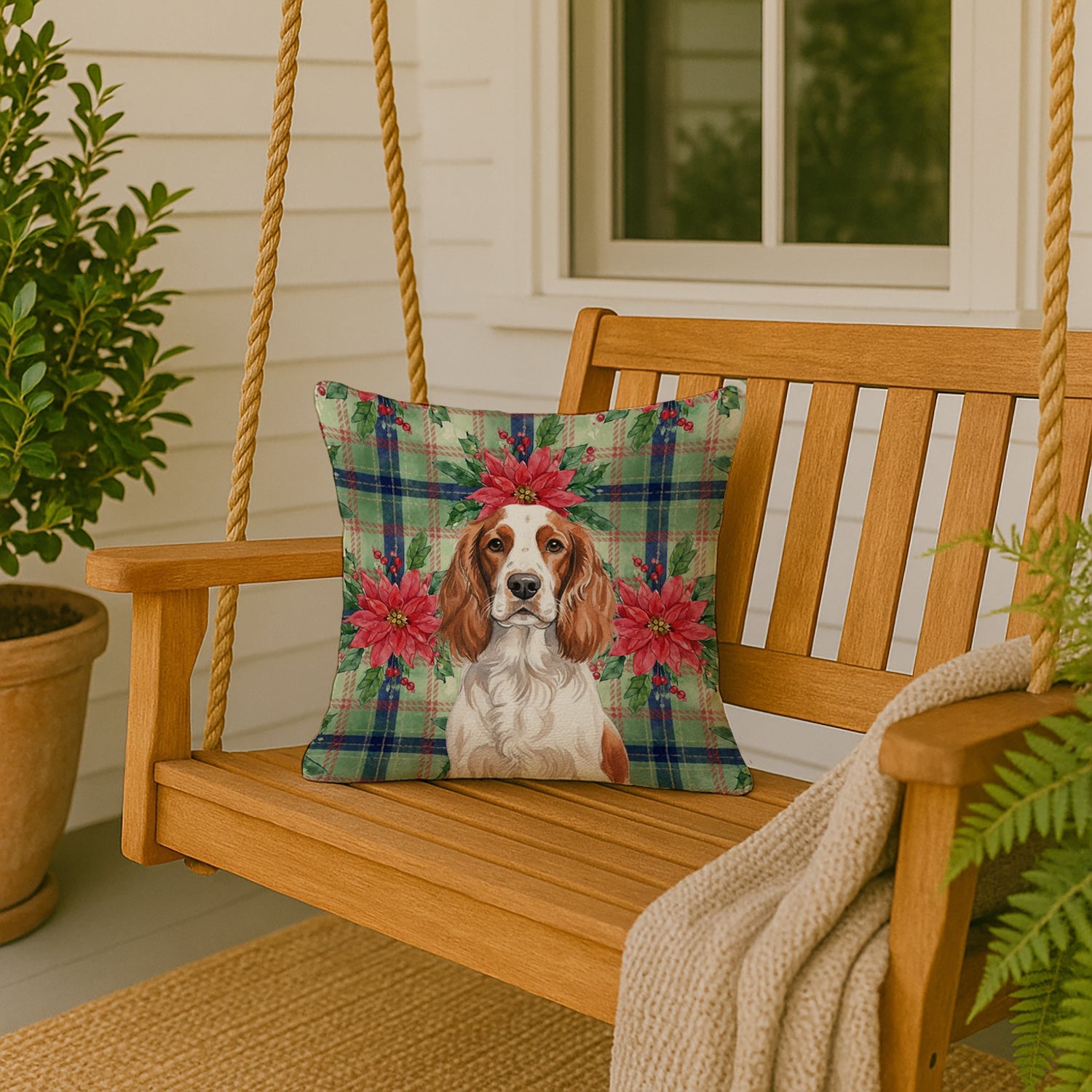 Welsh Springer Spaniel Christmas PoinsettIas Decorative Throw Pillow 18x18 Indoor Outdoor Accent Cushion, Fabric Cover with Insert for Sofa, Bed, Porch & Living Room